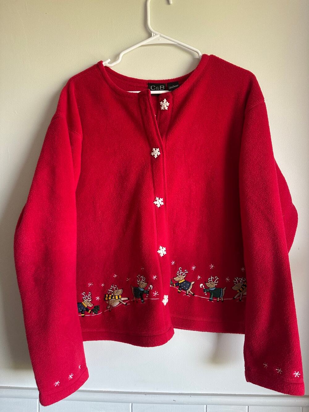 C&B Sport Vintage Christmas Fleece Jacket Large Red Reindeer Snowflake Buttons